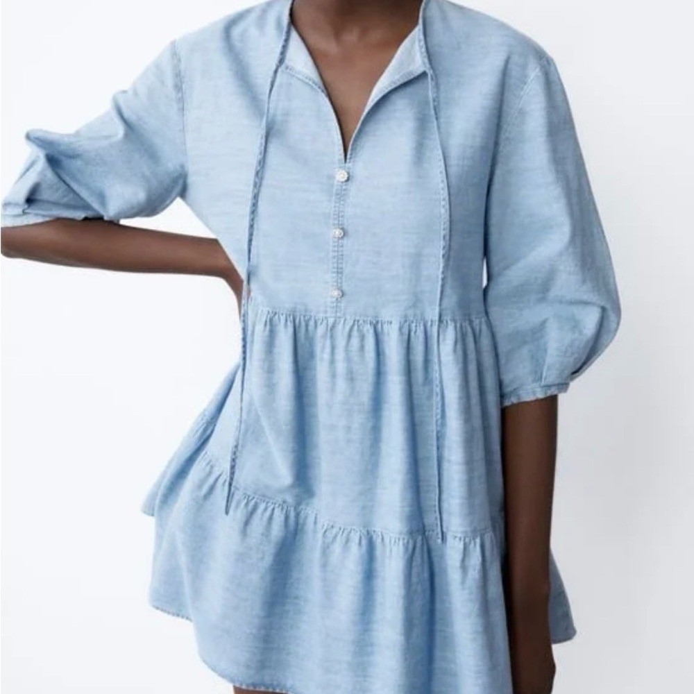 Zara Womens Tiered Denim Midi Dress XL Country Coastal Boho Cottagecore‎ Cowgirl